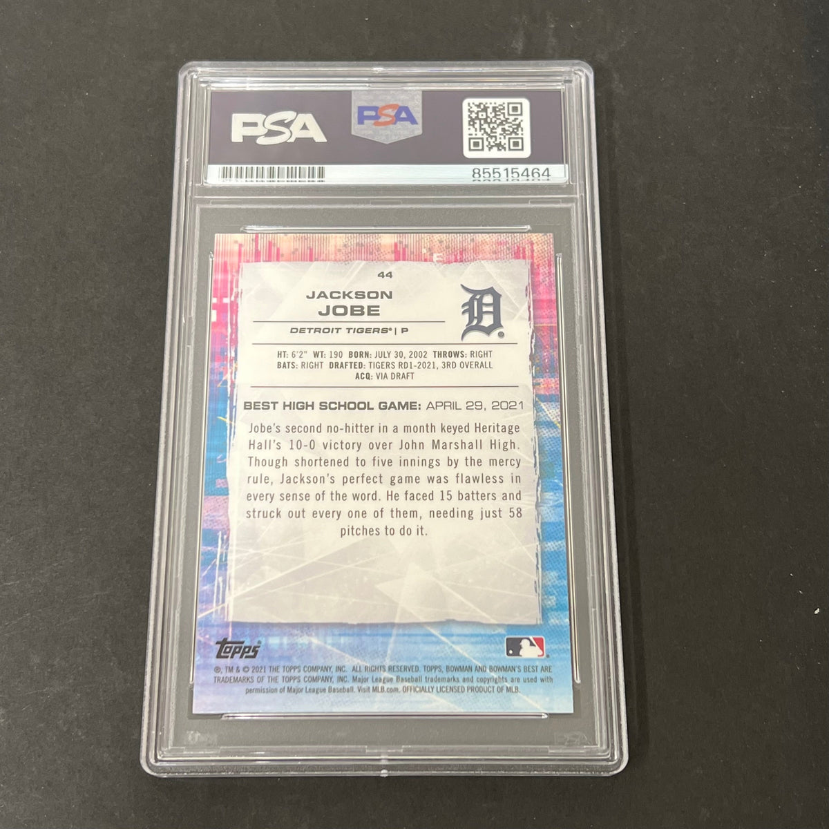 2022 Topps #44 Jackson Jobe Bowman Best Pink and Blue Refractor signed card PSA