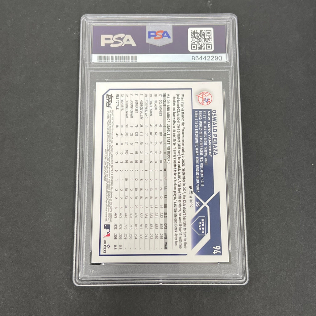 2023 Topps #94 Oswald Peraza Rookie signed card PSA Auto 10