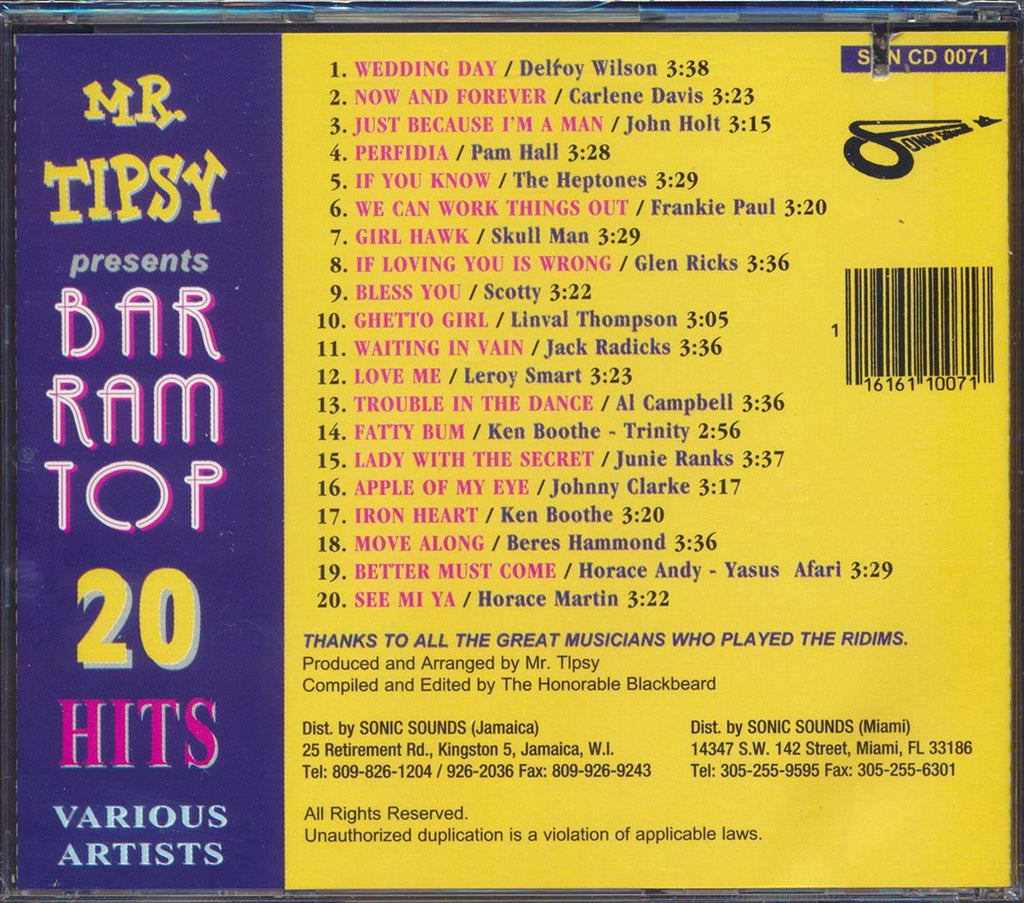 Ken Boothe, Frankie Paul, The Heptones, Etc. - Mr. Tipsy Presents Bar Ram Top 20 Hits (20 tracks) Music CD