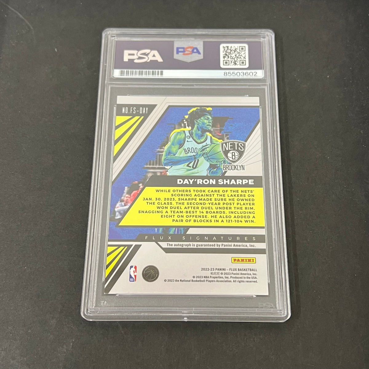 2022-23 Panini Flux #FS-DAY Day'Ron Sharpe signed card PSA Nets