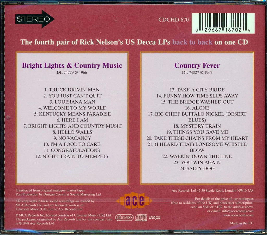 Rick Nelson - Bright Lights + Country Fever (24 tracks) Music CD