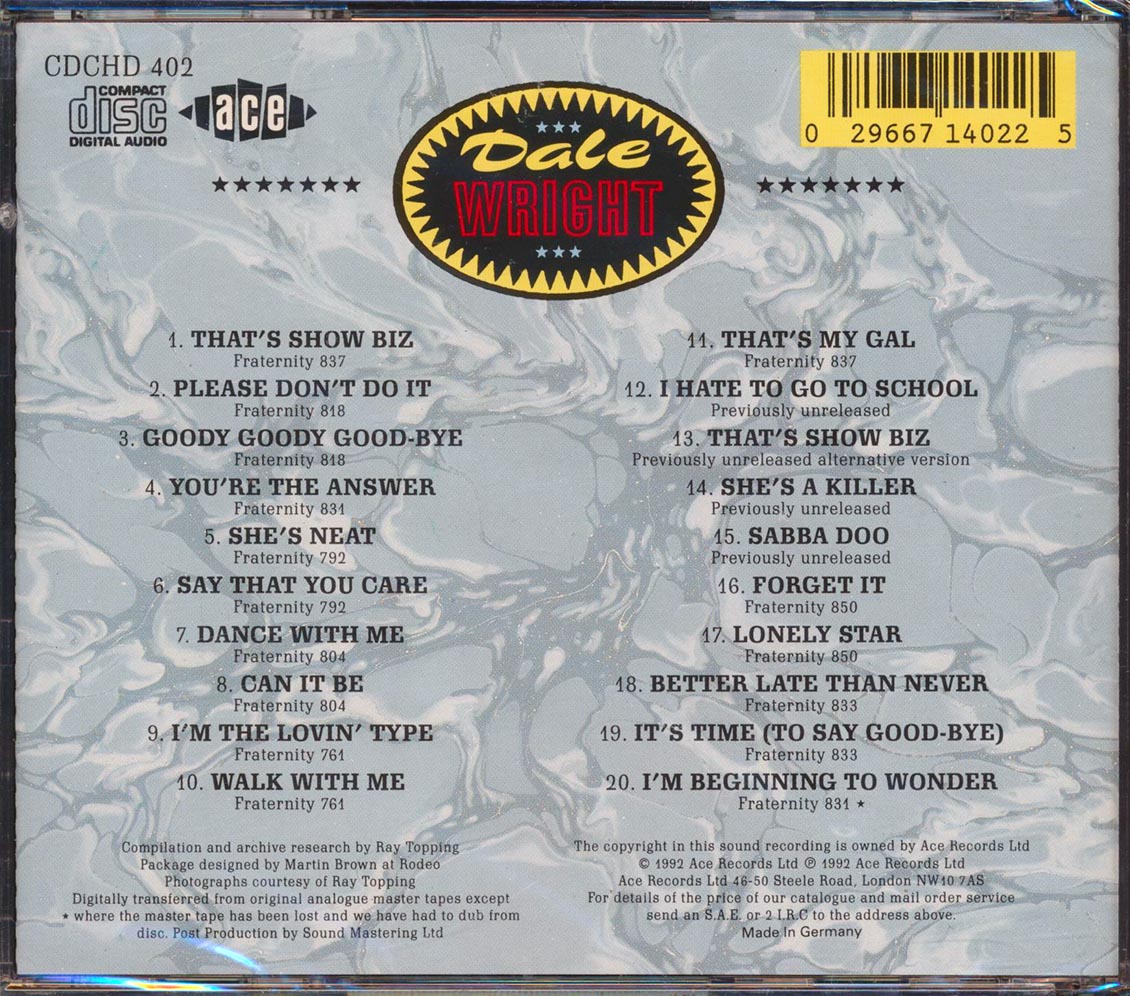 Dale Wright - She's Neat: The Fraternity Sides (20 tracks) Music CD