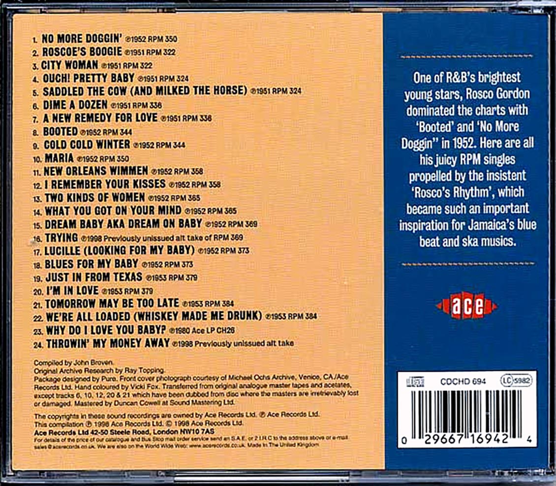 Rosco Gordon - Bootin: The Best Of The RPM Years (24 tracks) Music CD