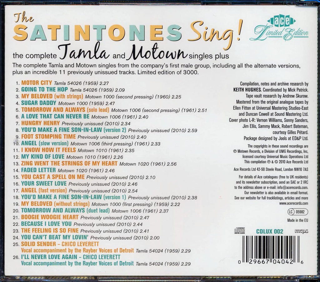 The Satintones - The Satintones Sing: The Complete Tamla And Motown Singles Plus (26 tracks) Music CD