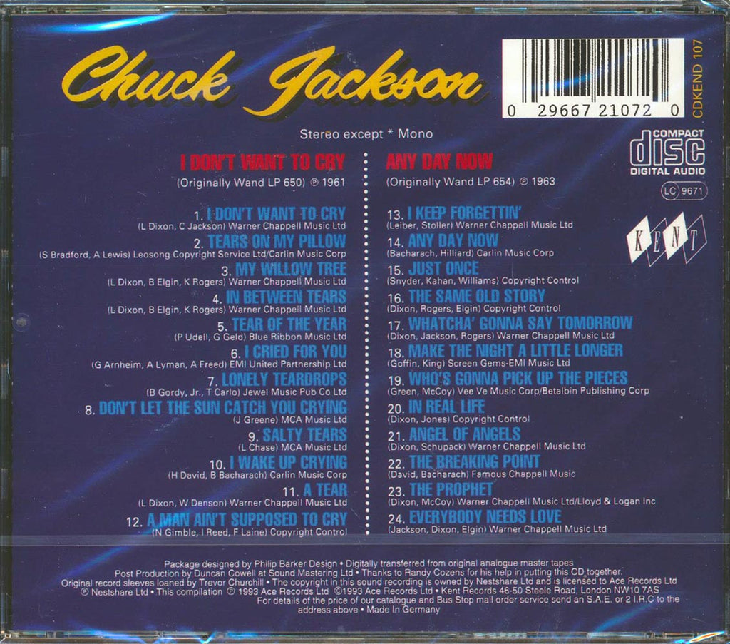 Chuck Jackson - I Don't Want To Cry + Any Day Now (24 tracks) Music CD