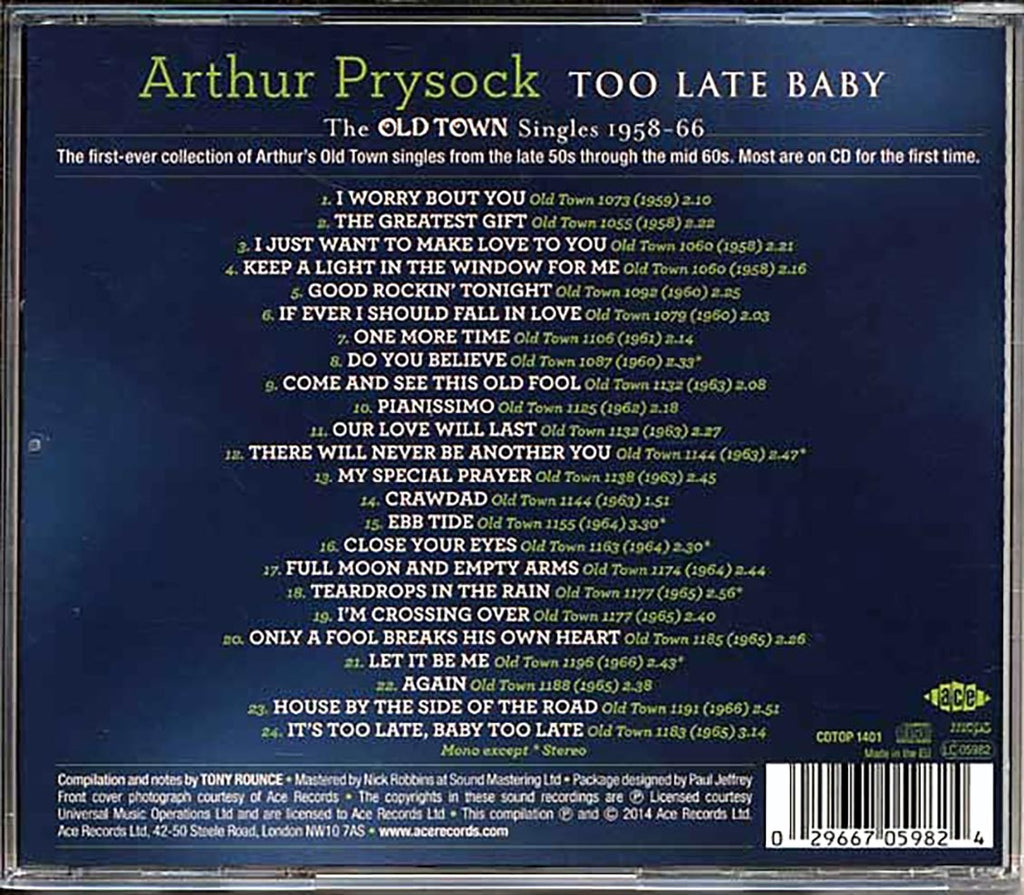 Arthur Prysock - Too Late Baby: The Old Town Singles 1958-66 (24 tracks) Music CD