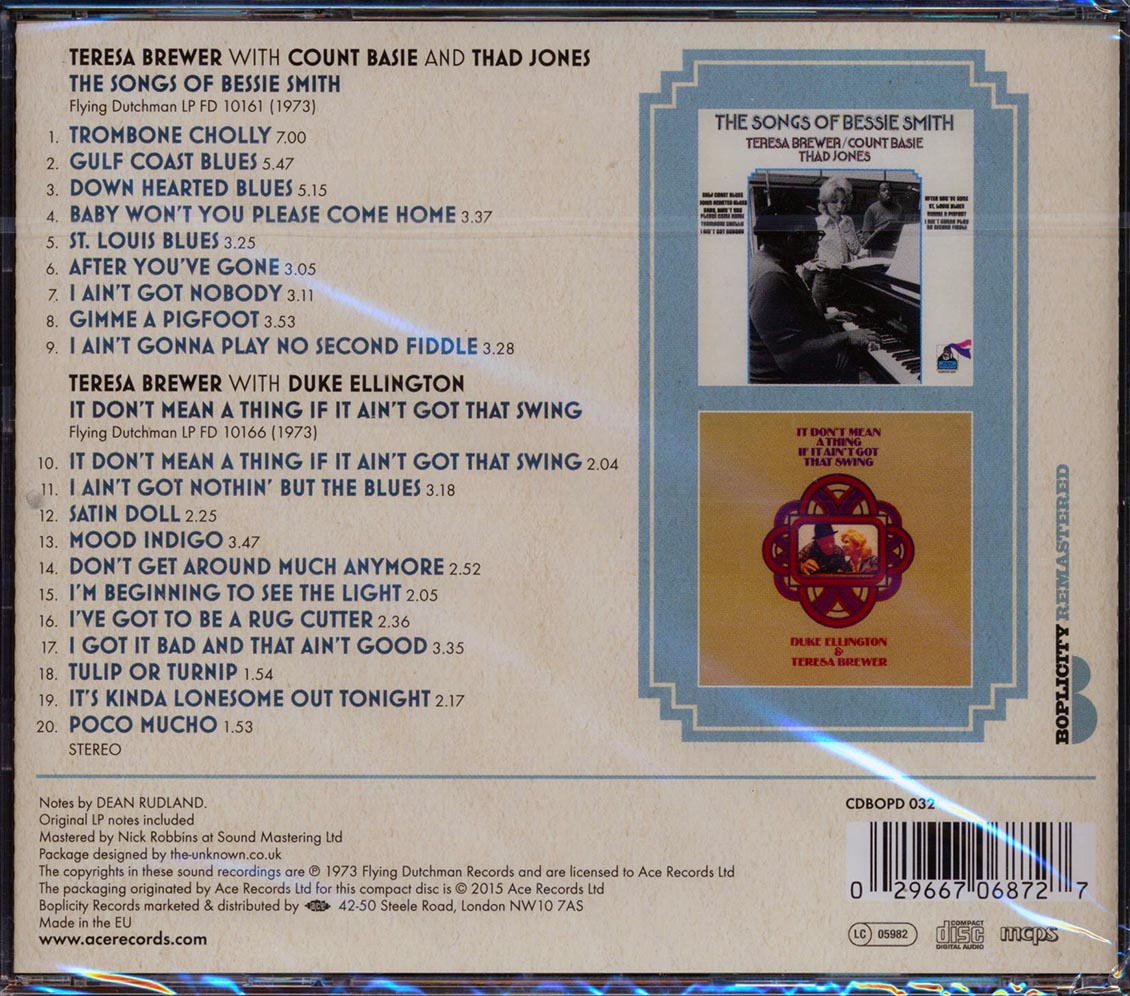 Teresa Brewer - The Songs Of Bessie Smith + It Don't Mean A Thing If It Ain't Got That Swing (20 tracks) Music CD