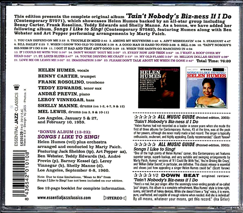 Helen Humes - Tain't Nobody's Biz-ness If Do + Songs I Like To Sing! Music CD