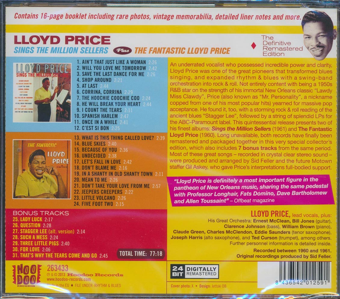 Lloyd Price - Sings The Millon Sellers + The Fantastic Lloyd Price (2 albums on 1 CD) (31 tracks) (incl. 16-page booklet) (remastered) (24-bit mastering) Music CD