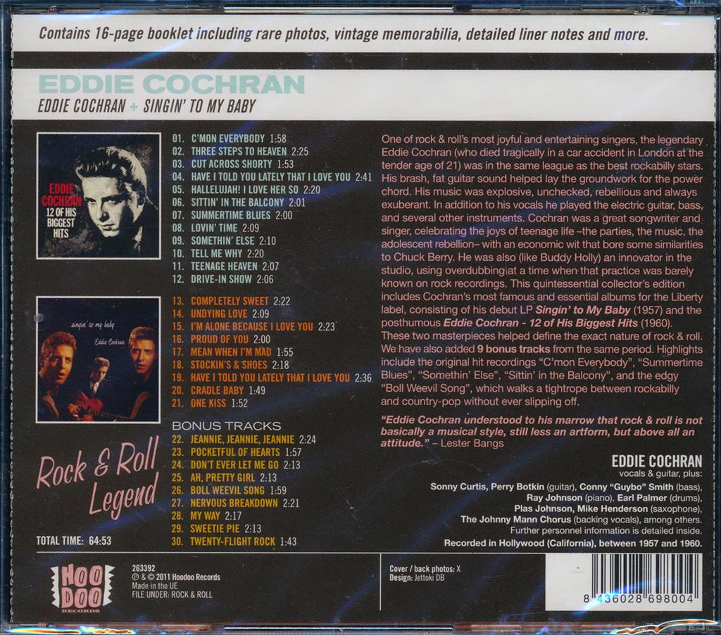 Eddie Cochran - Eddie Cochran + Singin' To My Baby Music CD