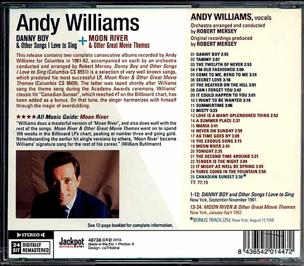 Andy Williams - Danny Boy & Other Songs 1 Love To Sing + Moon River & Other Great Movie Themes Music CD