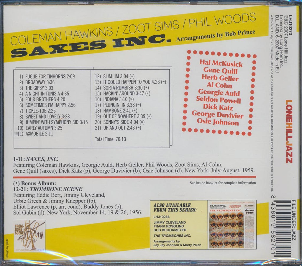 Coleman Hawkins, Zoot Sims, Phil Woods - Saxes Inc. Music CD