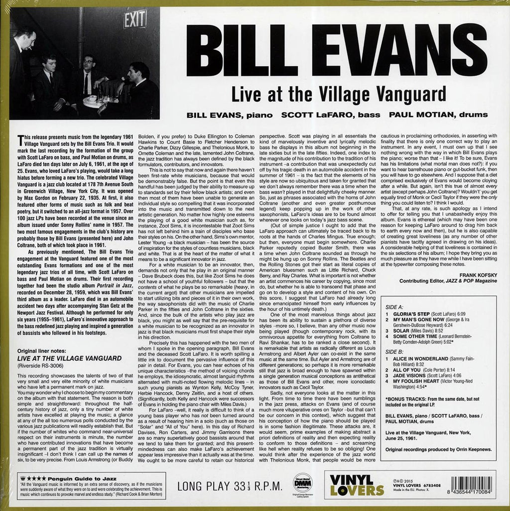 Bill Evans - Live At The Village Vanguard (ltd. ed.) (180g) (remastered) Vinyl Record