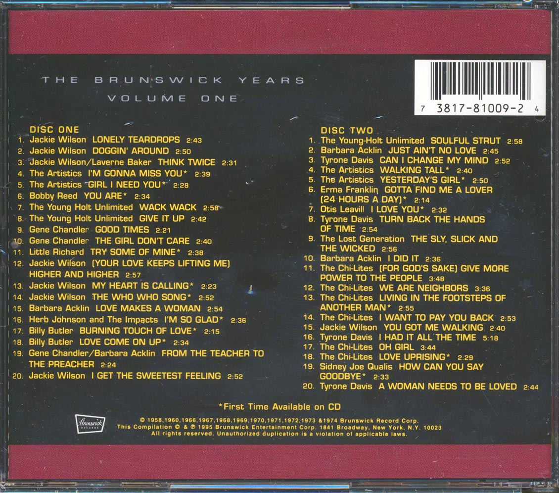 Jackie Wilson, The Chi-Lites, Gene Chandler, Etc. - The Brunswick Years Volume 1 (40 tracks) (2xCD) Music CD