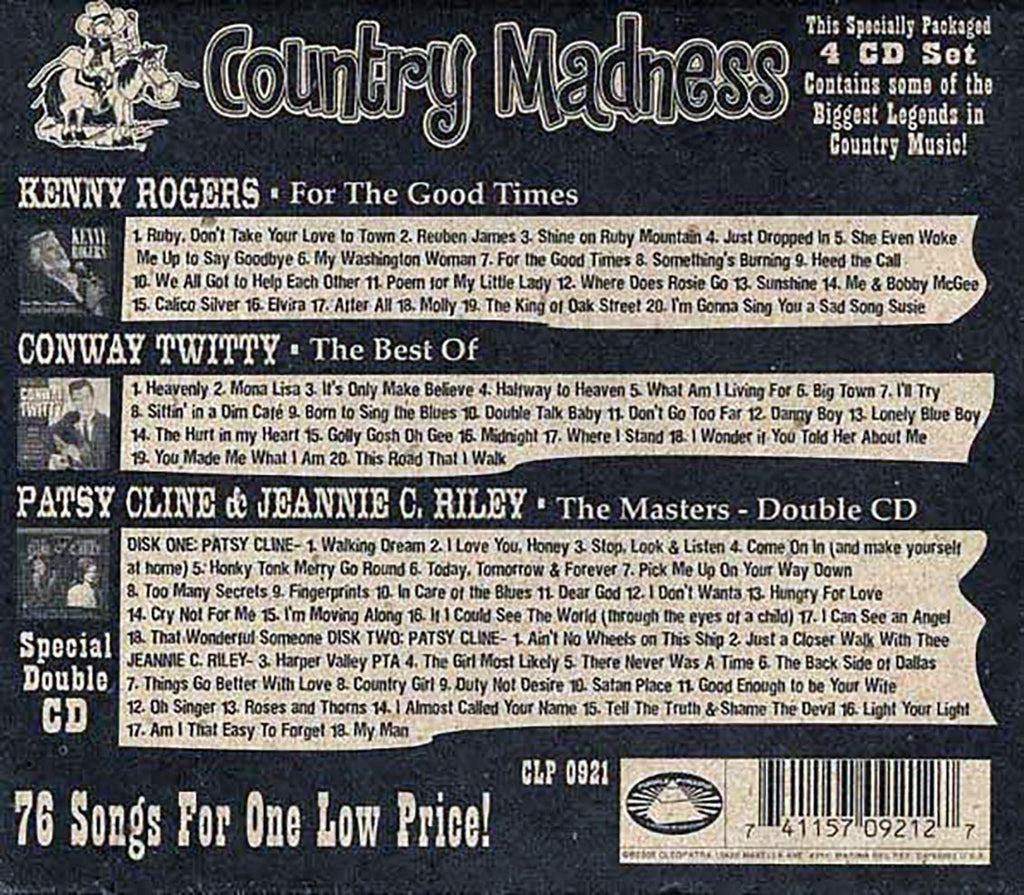 Kenny Rogers, Patsy Cline, Jeannie C Riley, Conway Twitty  - Country Madness (76 tracks) (4xCD) (box set) Music CD