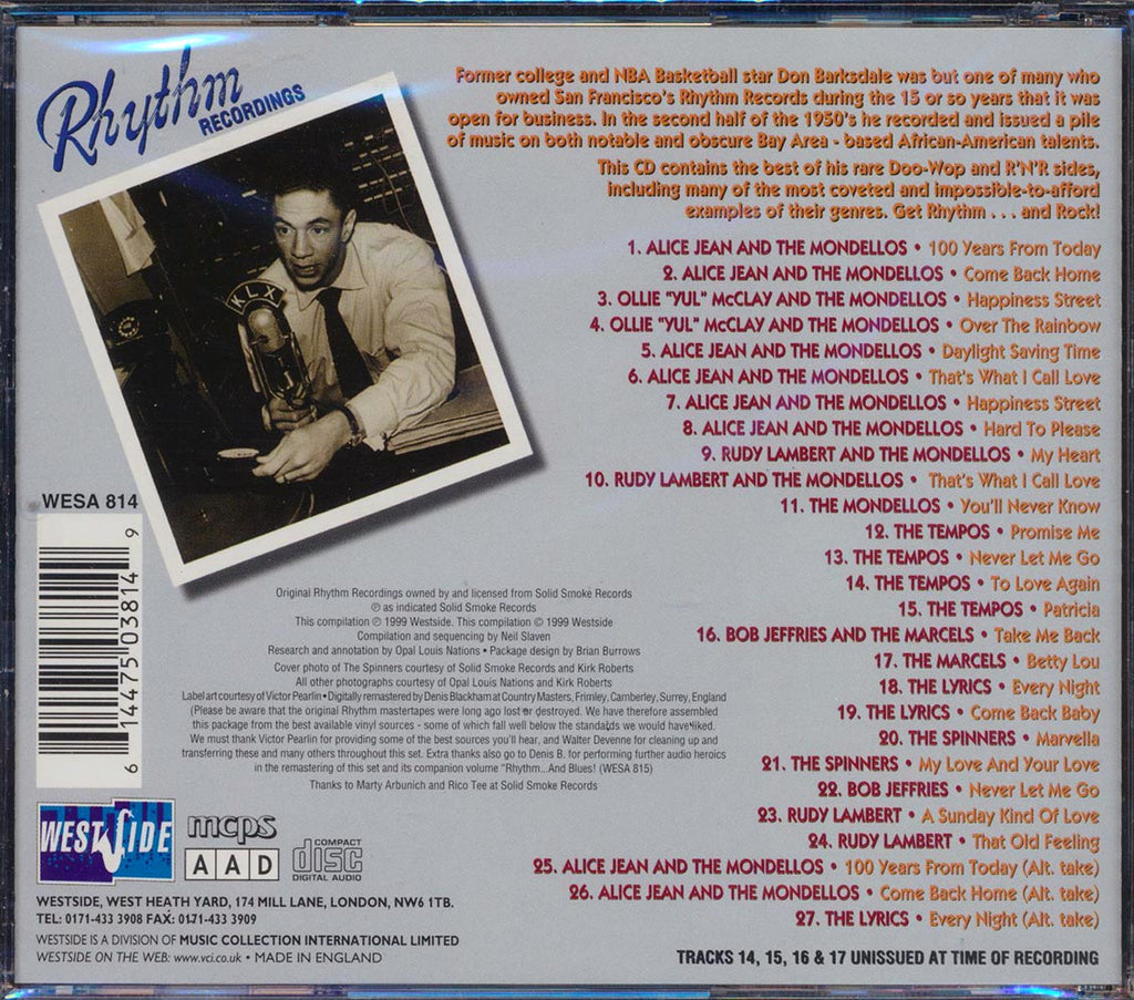 Alice Jean, Bob Jeffries, The Mondellos, The Tempos, Etc. - Rhythm And Rock: 50s Doo-Wop & Rock N Roll From Rhythm Records, The Don Barksdale Masters Volume 1 (27 tracks) Music CD