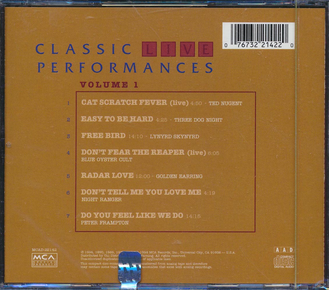 Peter Frampton, Blue Oyster Cult, Three Dog Night, Lynyrd Skynyrd, Etc. - Classic Live Performances Volume 1 Music CD