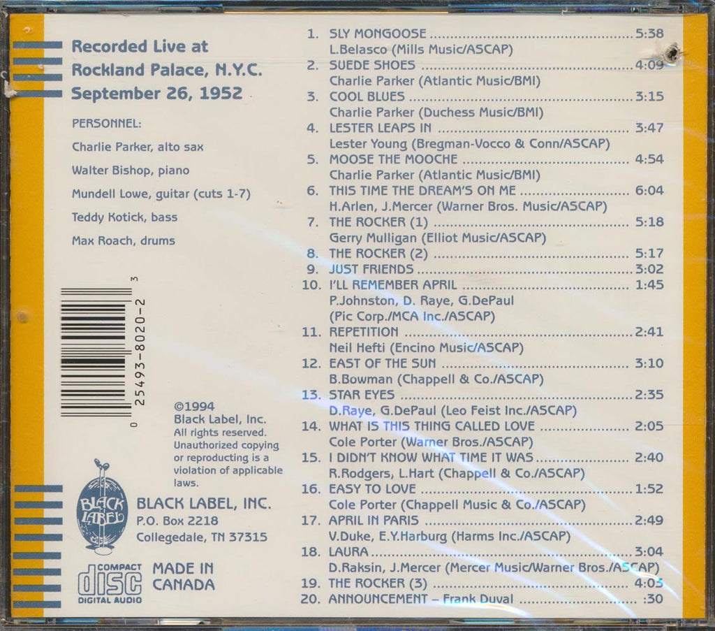 Charlie Parker - Bop City Volume 1 (20 tracks) (marked/ltd stock) Music CD