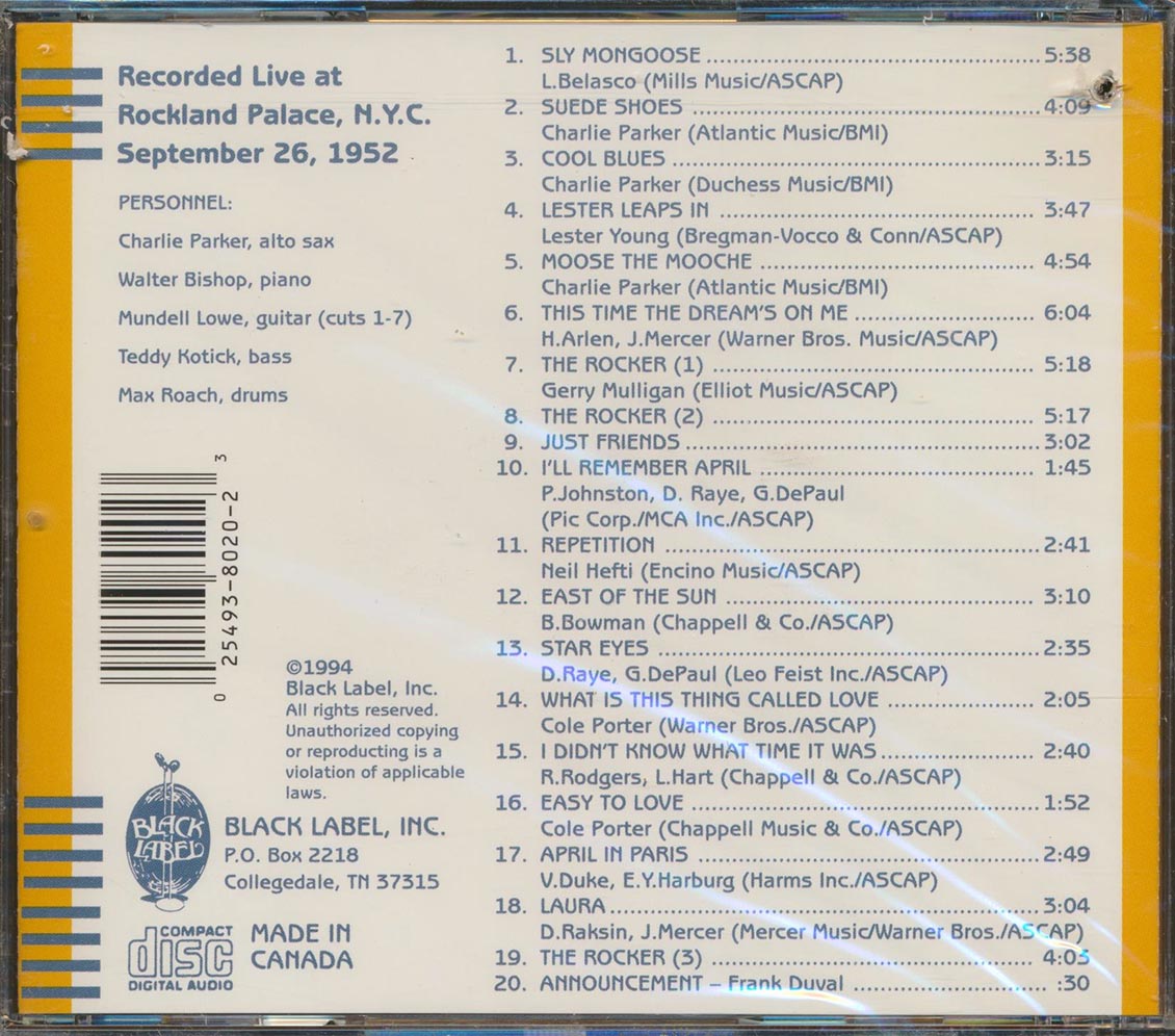 Charlie Parker - Bop City Volume 1 (20 tracks) (marked/ltd stock) Music CD