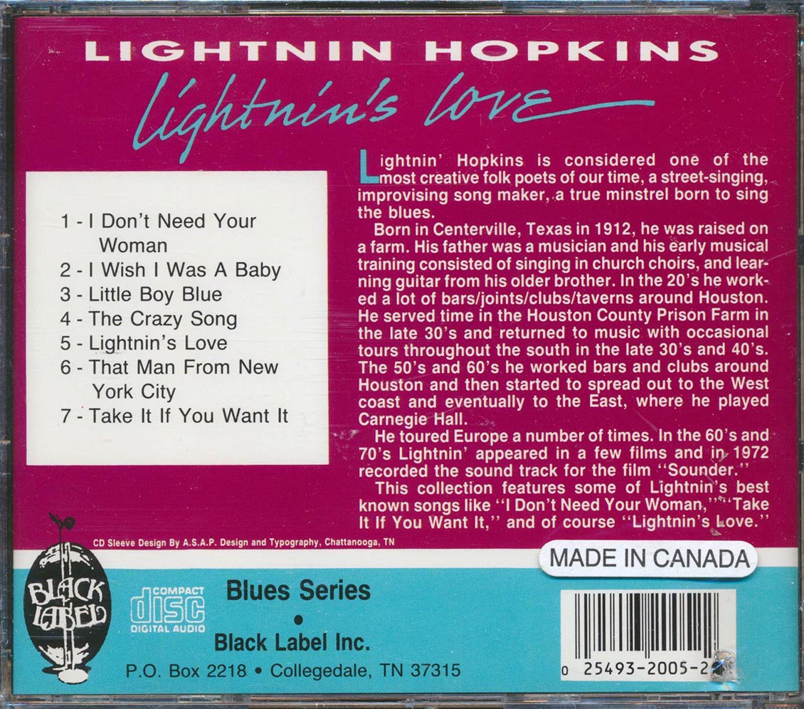Lightnin' Hopkins - Lightnin's Love (marked/ltd stock) Music CD