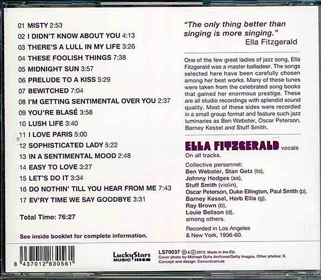 Ella Fitzgerald - Ella Fitzgerald Sings Ballads For Lovers Music CD
