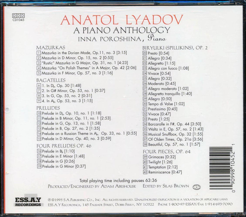 Anatol Lyadov - A Piano Anthology Inna Poroshina Piano Music CD