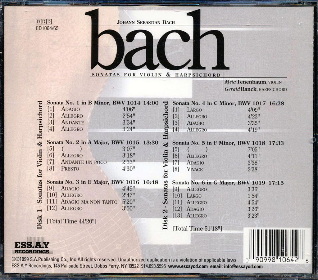 Johann Sebastian Bach, Mala Tenenbaum, Gerald Ranck - Sonatas For Violin And Harpischord (25 tracks) (2xCD) Music CD