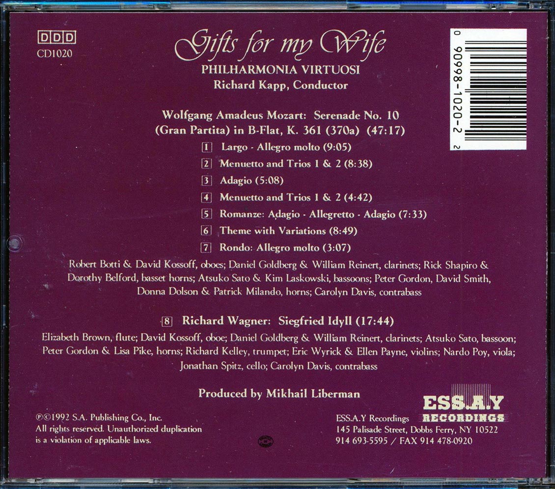 Philharmonia Virtuosi - Gifts For My Wife Mozart & Wagner Conducted By Richard Kapp Music CD