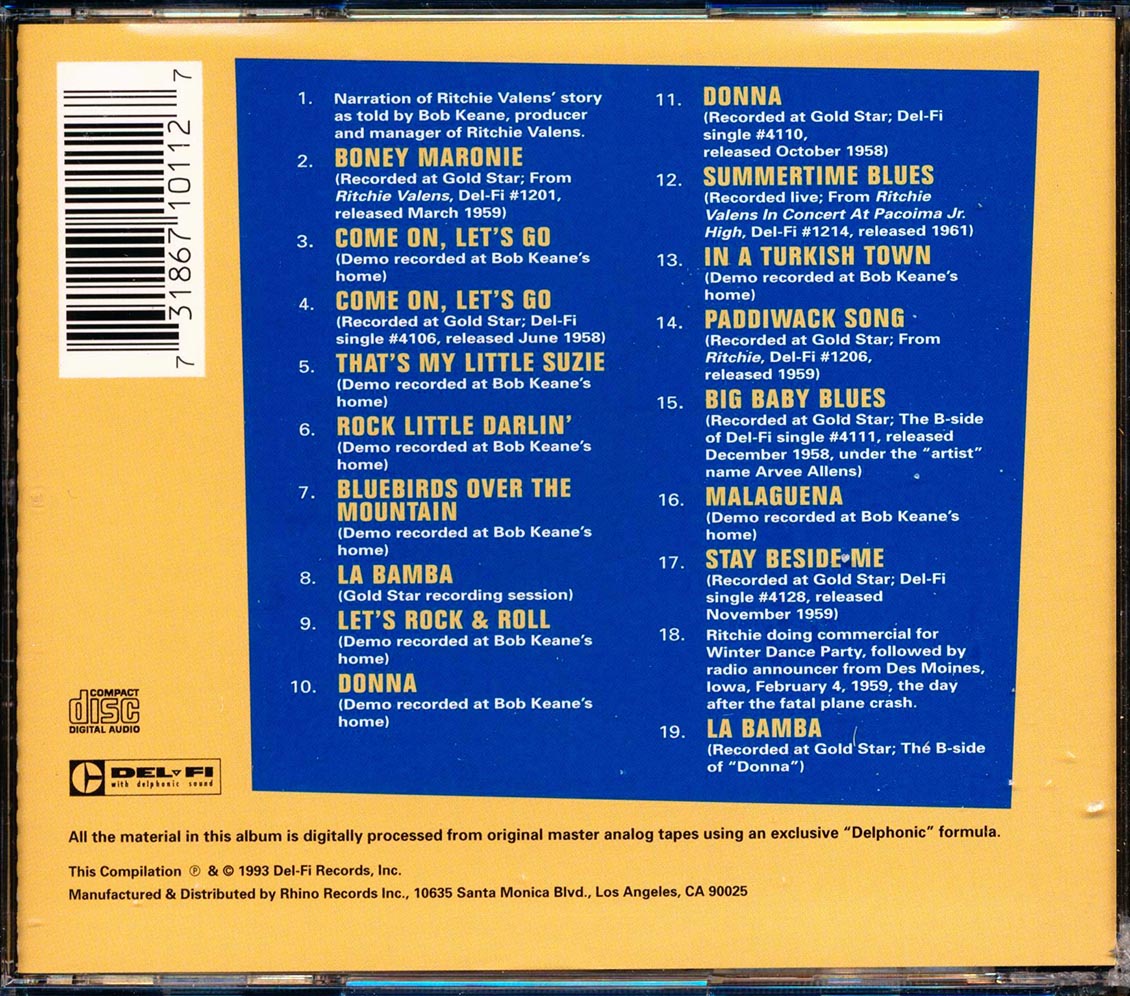 Ritchie Valens - The Ritchie Valens Story: Hits, Unreleased Demos, Photos, And Richie's Story As Told By Producer Bob Keane Music CD