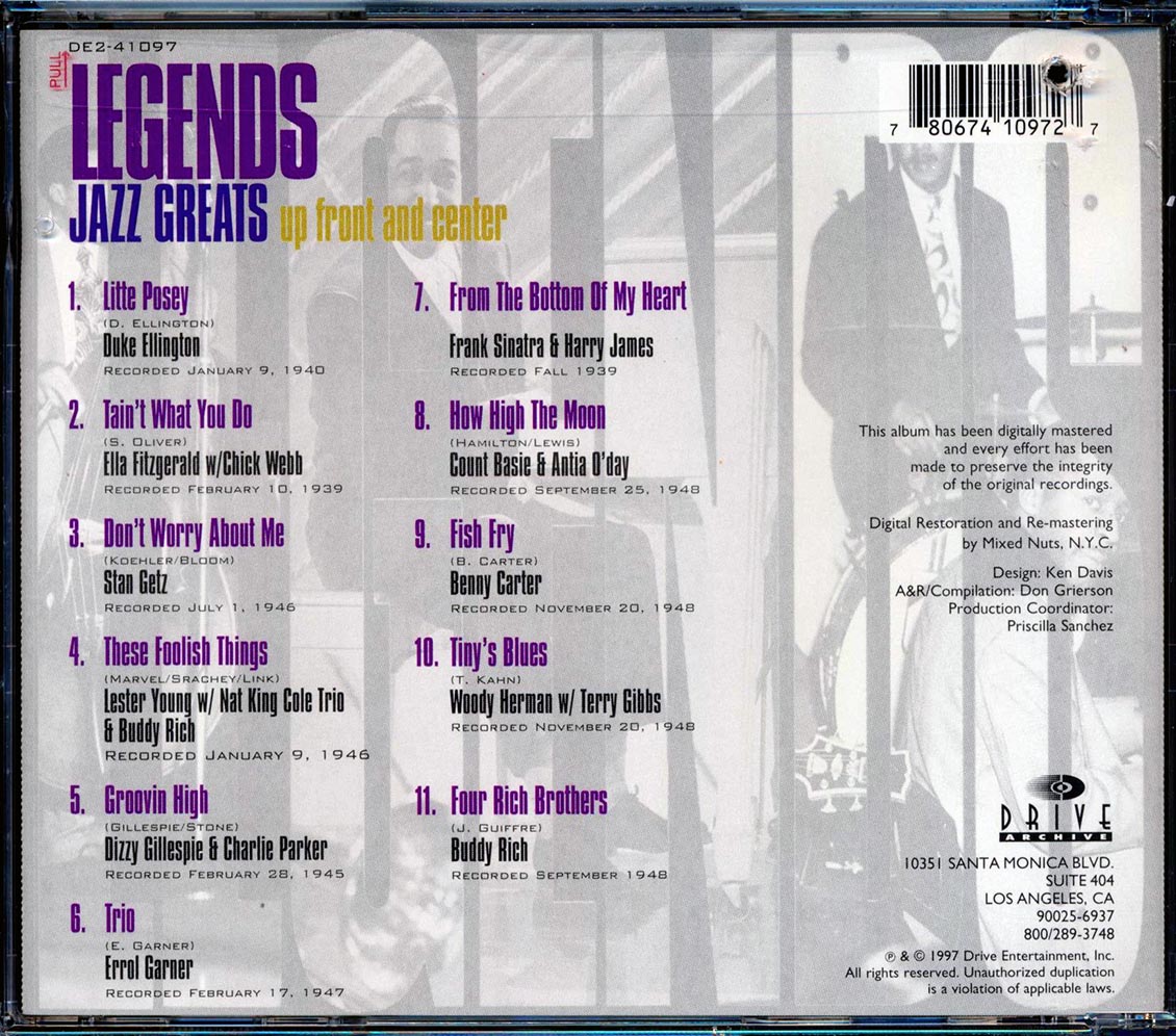 Frank Sinatra, Duke Ellington, Buddy Rich, Count Basie, Etc. - Legends Jazz Greats Up Front And Center (marked/ltd stock) Music CD