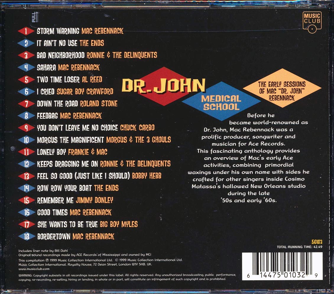 Dr. John - Medical School: The Early Sessions Of Mac Dr. John Rebennack Music CD