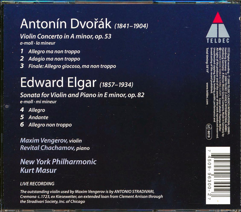 Elgar, Dvork, Maxim Vengerov, Kurt Masur, Revital Chachamov, New York Philharmonic - Violin Sonata / Violin Concerto (incl. large booklet) Music CD