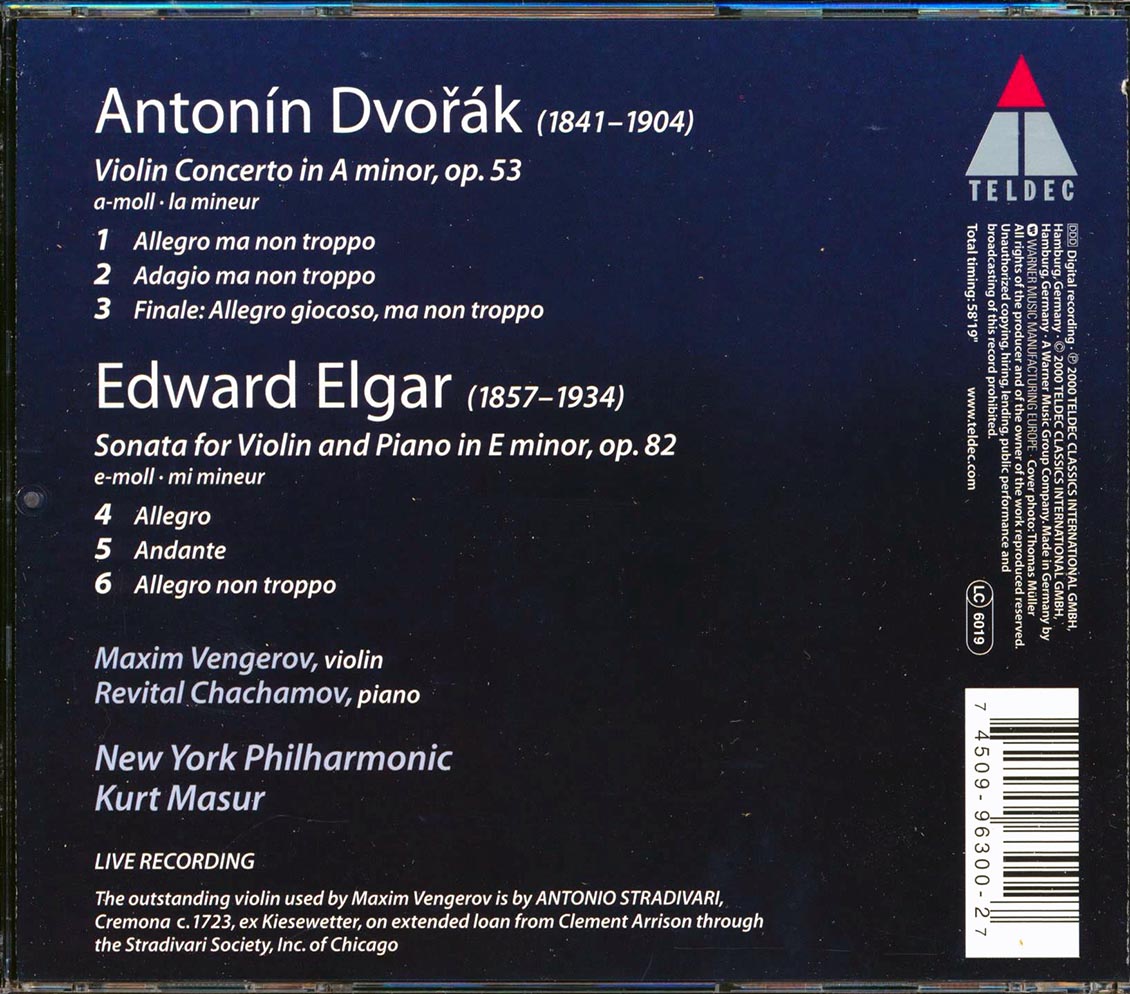 Elgar, Dvork, Maxim Vengerov, Kurt Masur, Revital Chachamov, New York Philharmonic - Violin Sonata / Violin Concerto (incl. large booklet) Music CD