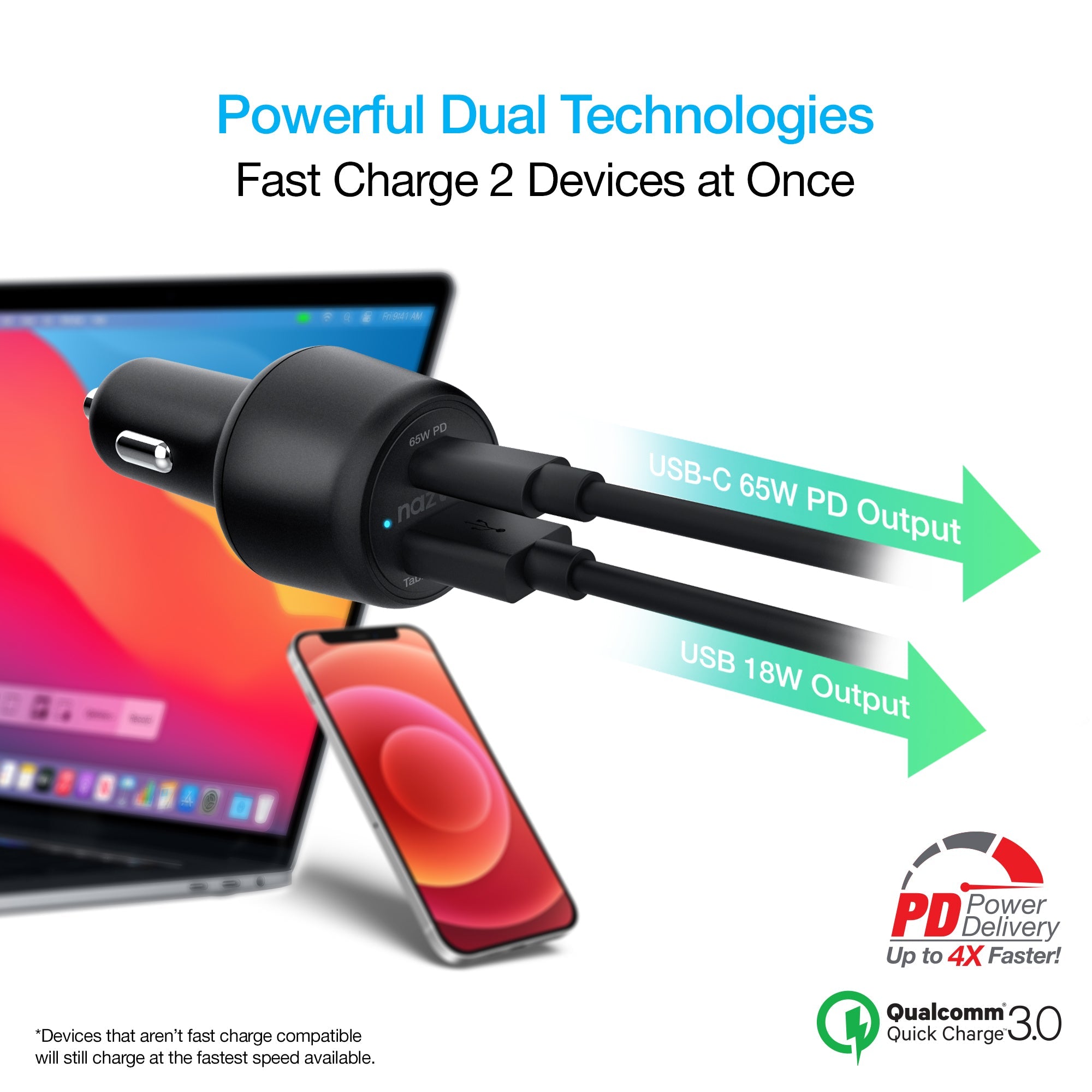 Naztech SpeedMax65 PD65W + QC3 Car Charger