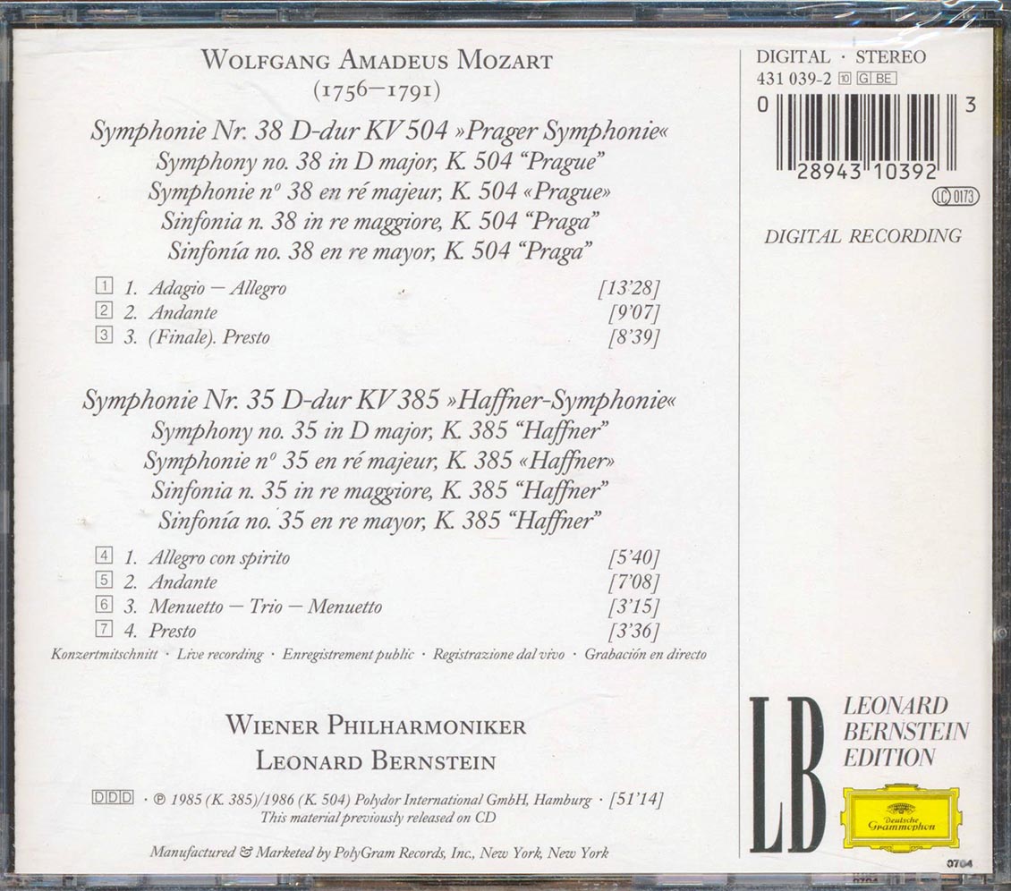 Mozart - Symphonies No. 35 Haffner, No. 38 Prague: Vienna Philharmonic Orchestra Music CD