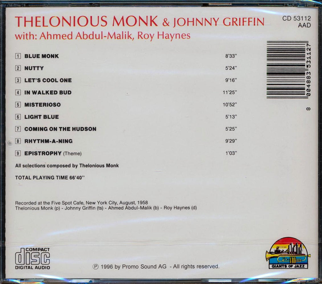 Thelonious Monk, Johnny Griffin - At The Five Spot Cafe, New York City, August 1958 Music CD