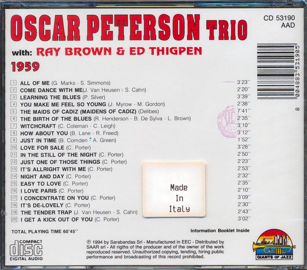 Oscar Peterson Trio - Oscar Peterson Trio: 1959 (20 tracks) Music CD