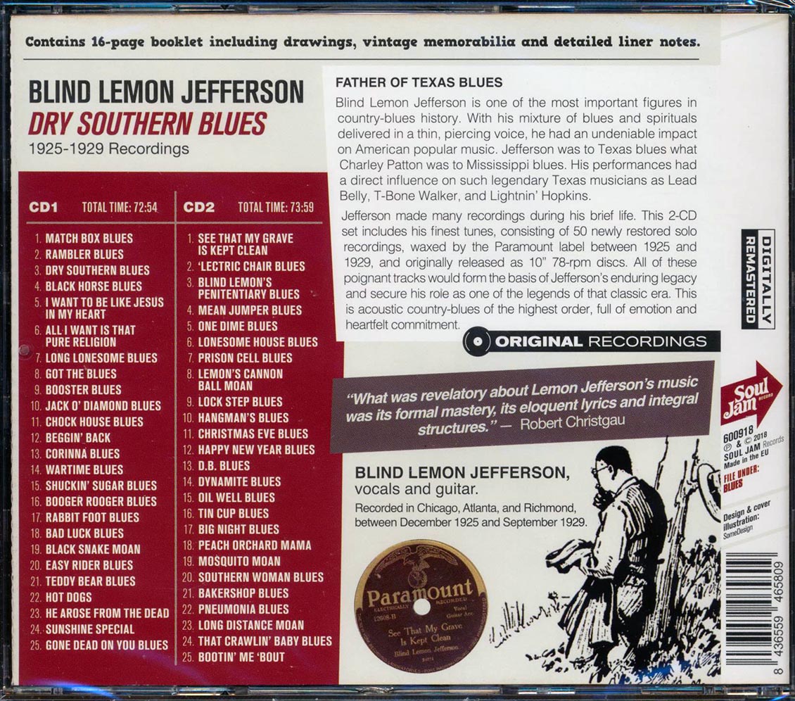Blind Lemon Jefferson - Dry Southern Blues: 1925-1929 Recordings (50 tracks) (2xCD) (incl. 16-page booklet) (remastered) Music CD