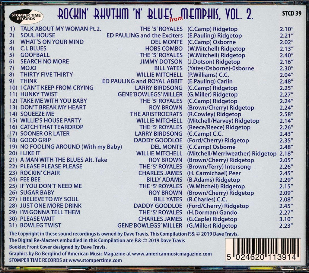 Bill Yates, Billy Adams, Roy Brown, Etc. - Rockin' Rhythm 'N' Blues From Memphis Volume 2 (31 tracks) (incl. large booklet) (remastered) Music CD