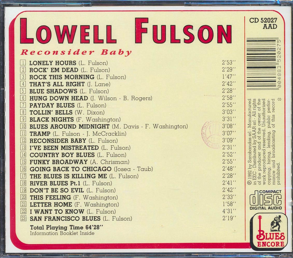 Lowell Fulson - Reconsider Baby (23 tracks) Music CD