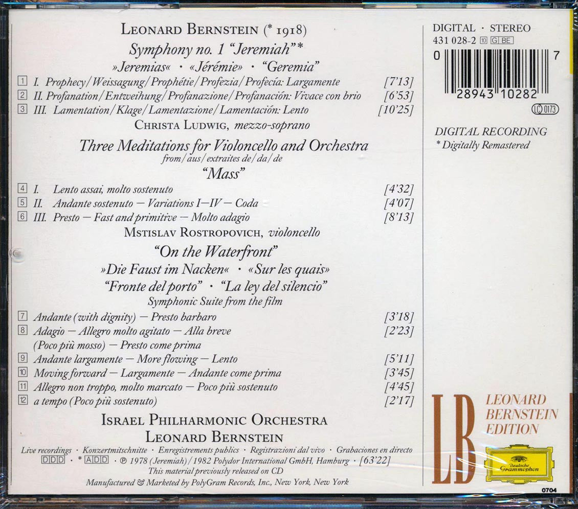 Bernstein, Ludwig, Rostropovich, Israel Philharmonic Orchestra - Symphony No. 1, Jeremiah, 3 Meditations From Ass, On The Waterfront Music CD