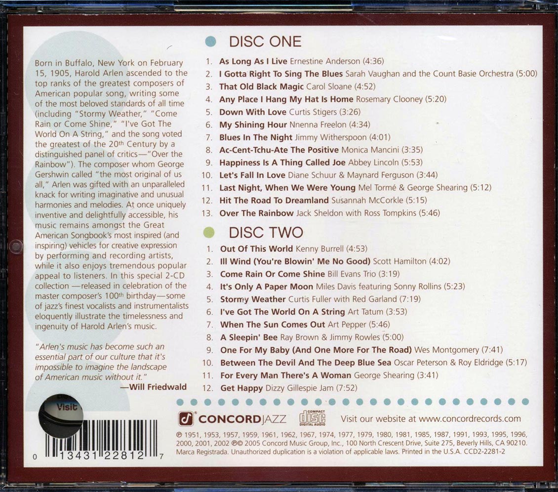 Ernestine Anderson, Sarah Vaughan, Count Basie & His Orchestra, Etc. - Harold Arlen: Centennial Celebration 100 (marked/ltd stock) Music CD
