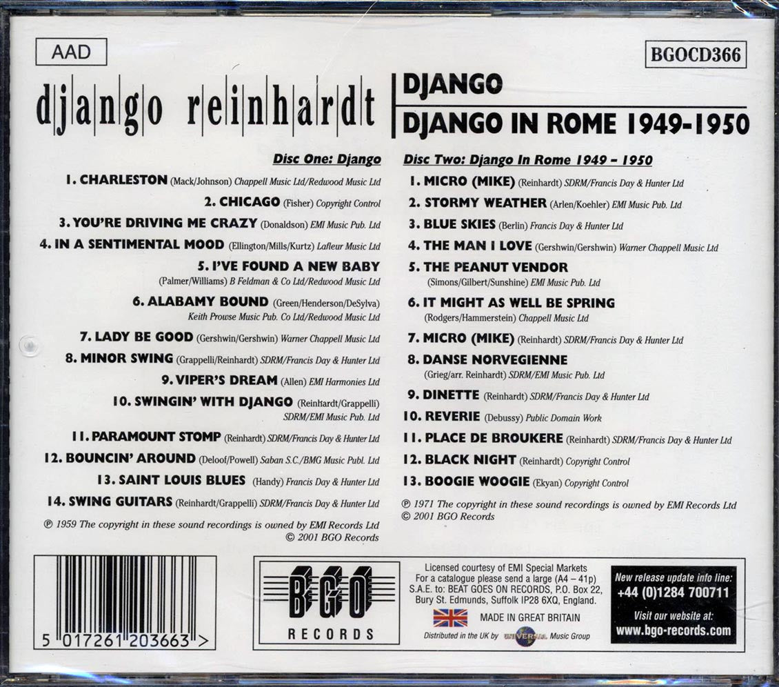 Django Reinhardt - Django + Django In Rome 1949-1950 (2 albums on 2 CDs) (27 tracks) (remastered) Music CD