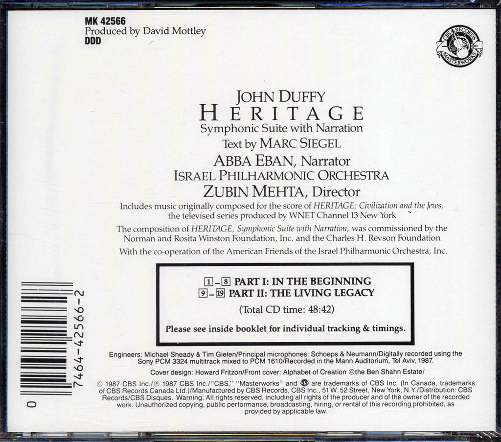John Duffy, Israel Philharmonic Orchestra, Zubin Mehta - Heritage Music CD