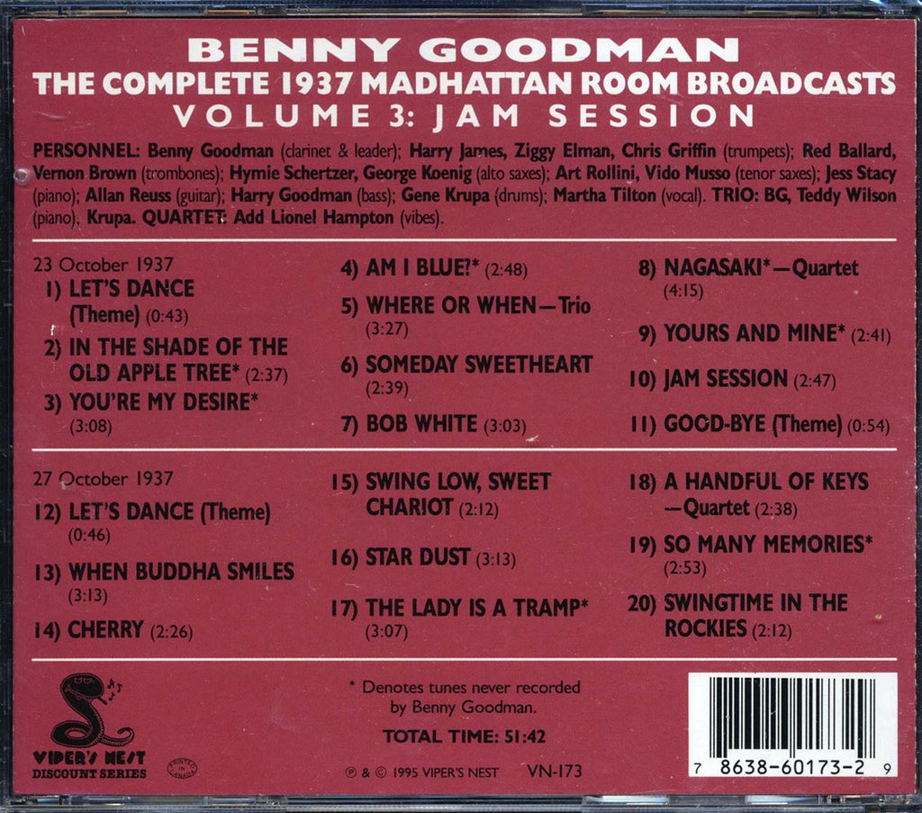 Benny Goodman - The Complete 1937 Madhattan Room Broadcasts Volume 3: Jam Session (20 tracks) Music CD