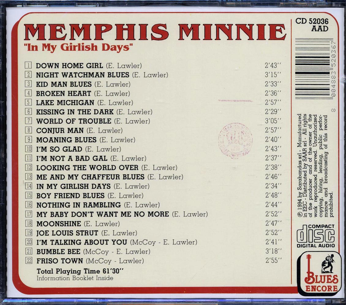Memphis Minnie - In My Girlish Days (22 tracks) Music CD