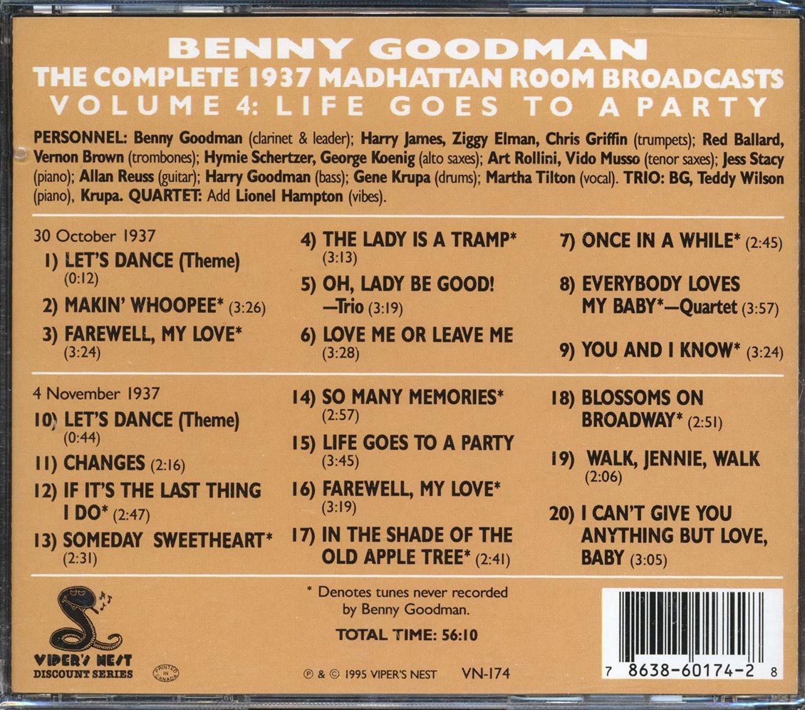 Benny Goodman - The Complete 1937 Madhattan Room Broadcasts Volume 4: Life Goes To A Party (20 tracks) Music CD