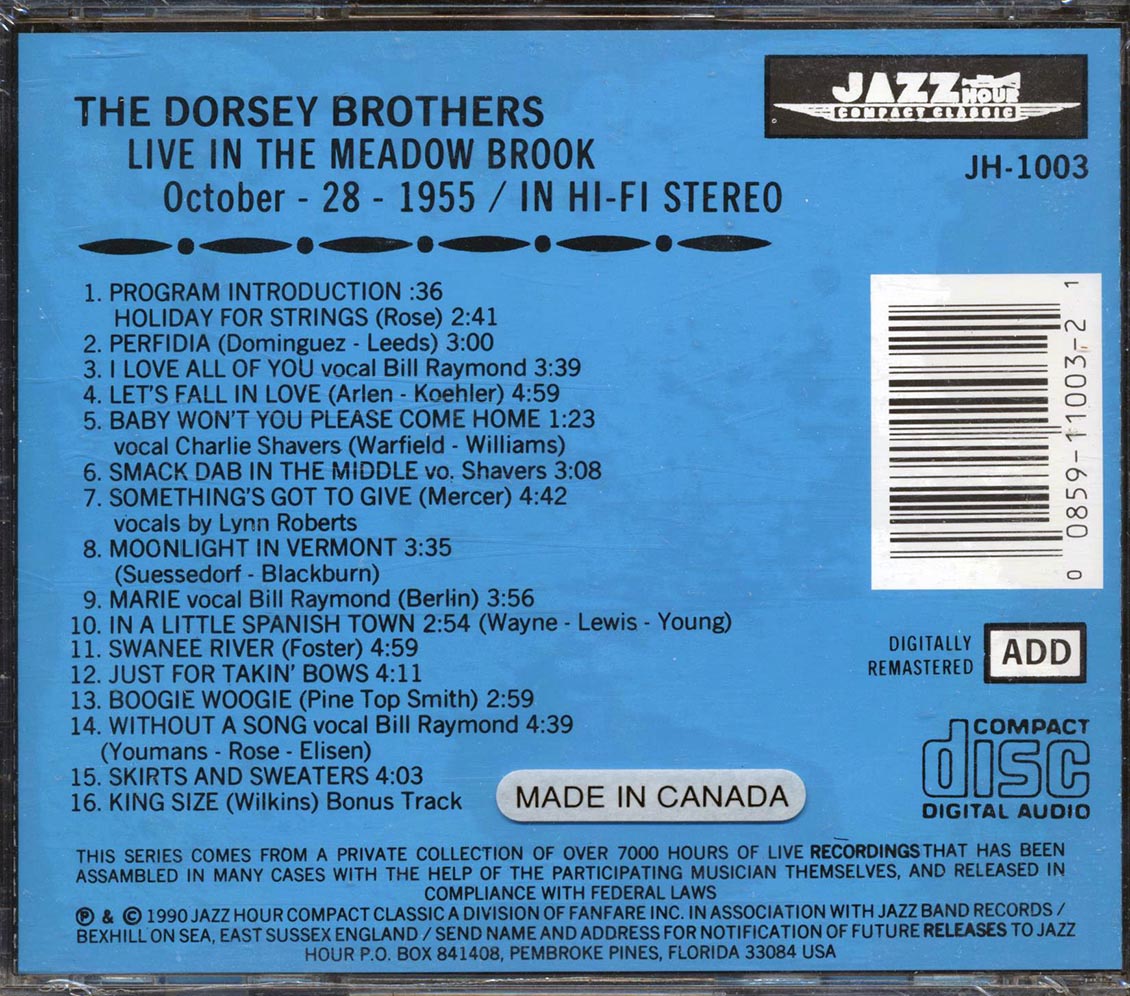The Dorsey Brothers, Charlie Shavers, Louis Bellson - Live In The Meadowbrook October 28, 1955 Music CD