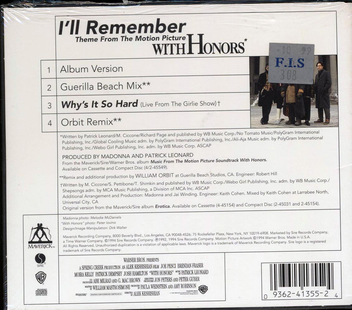 Madonna - I'll Remember: Theme From The Motion Picture With Honors Music CD