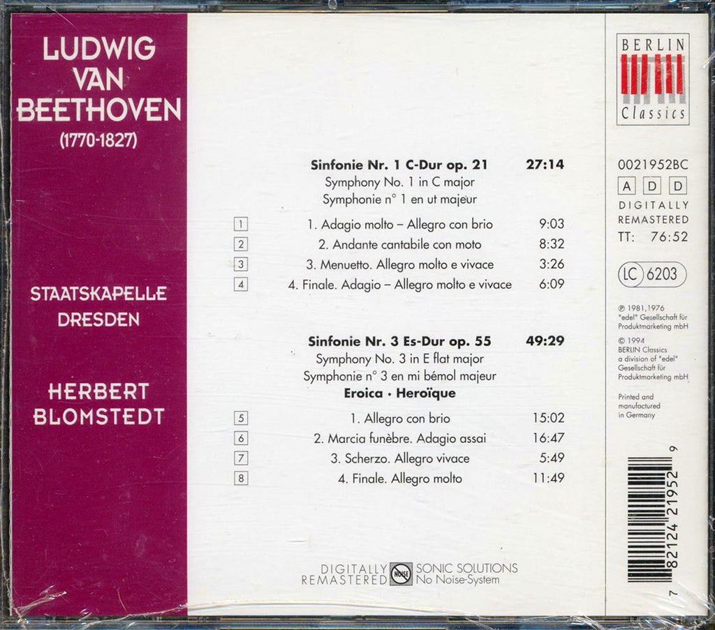 Beethoven, Herbert Blomstedt, Staatskapelle Dresden - Beethoven Sinfonien Vol 1 Nr, 1 & 3 Music CD